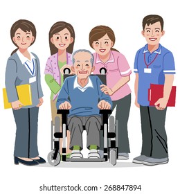 Portraits of smiling aged man in wheelchair and nursing caregivers
