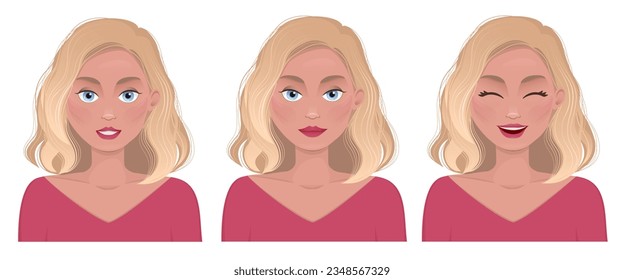 portraits of smiling beautiful woman.  Vector flat illustration. Avatar for a social network. Vector character design. Vector fashion illustration isolated on background. Portrait of people. Emotions