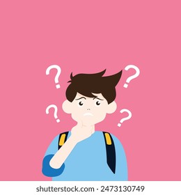 portraits of Student thoughtful people. Bundle of smart men and women thinking or solving problem. Set of pensive boys and girls surrounded by thought bubbles. Flat cartoon vector illustration.