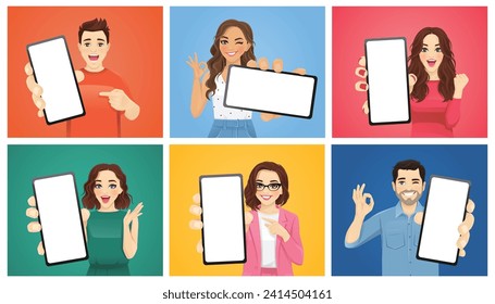 Retratos de mujeres y hombres jóvenes sorprendidos mostrando ilustración vectorial de pantalla en blanco en diferentes escenarios coloridos