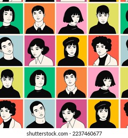 Portraits of Teenage boys and girls. Young people look at the camera. Cute characters. Cartoon comic asian style. Hand drawn trendy Vector illustration. Square seamless Pattern, background, wallpaper