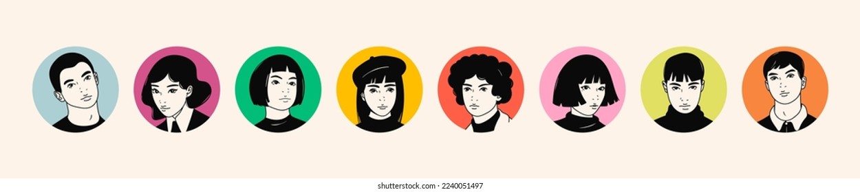 Retratos de niños y niñas adolescentes. Los jóvenes miran la cámara. Caracteres de corte. Caricatura de estilo asiático. Plantillas de avatares de redes sociales. Ilustración de vectores dibujada a mano. Iconos redondos aislados