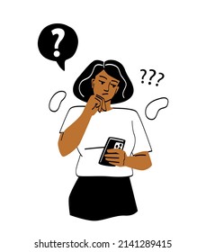 Portraits of thoughtful people. Girl in white tshirt with smartphone in hands. Character learned new information, woman answers questions on Internet, puzzled person. Cartoon flat vector illustration