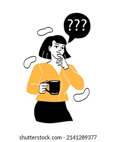 Portraits of thoughtful people. Girl in yellow sweater with mug in her hands. Character thinks about everyday problems and makes decisions. Woman analyzes information. Cartoon flat vector illustration