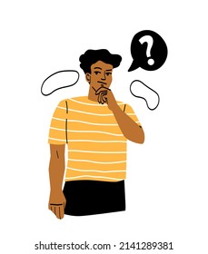 Portraits of thoughtful people. Young guy in Tshirt rubs his chin. Pensive character trying to solve problems on worker or personal life, choice and decision making. Cartoon flat vector illustration