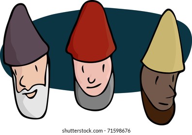 Portraits of three bearded gnomes, wizards or religious men in various skin colors.