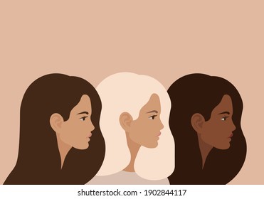 Portraits of three women of different nationalities standing together. Concept for gender equality and women's empowerment movement.Vector illustration.