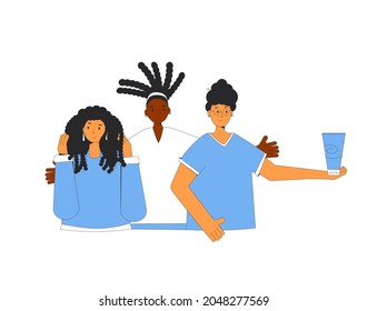 Portraits of three women with different types of curly hair. Vector illustration. Curly girl method community. Vector illustration
