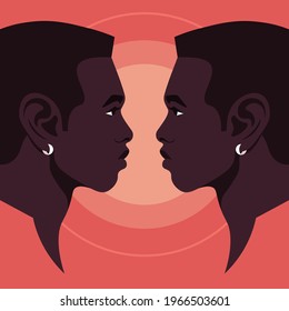 Portraits of two African guys in profile. The faces of the twin brothers on a red background. Human head side view. Vector flat illustration