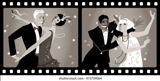 Portraits of two couples dressed in 1920s fashion dancing in an old movie frames, EPS 8 vector illustration, no transparencies