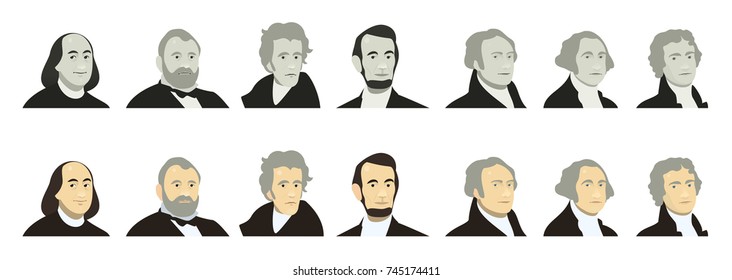 Portraits of US Presidents and famous politicians. Stylized like on US Dollar banknotes money of USA. Washington, Jefferson, Lincoln, Hamilton, Jackson, Grant, Franklin. flat vector set, color, grey
