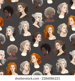 Portraits of a various beautiful girls with different hairstyle. Vector repeated seamless pattern