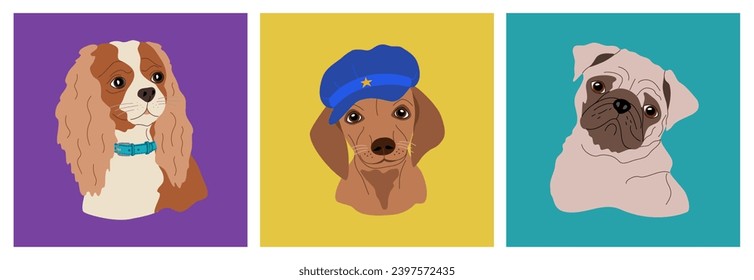 Portraits of various cute dogs. Funny pets animals of different breeds. Hand drawn vector illustration isolated on colored background. Modern flat cartoon style.