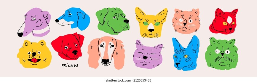 Portraits of various Dogs and Cats. Cute kittens, puppies. Different breeds. Cartoon style, abstract colors. Best friends, home pet concept. Hand drawn Vector illustration. Every head is isolated