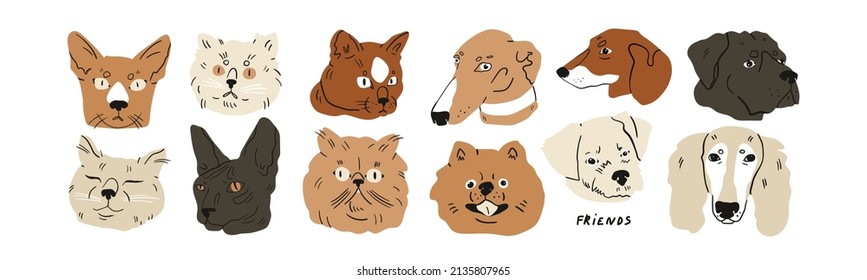 Portraits of various Dogs and Cats. Cute kittens, puppies. Different breeds. Cartoon style. Best friends, home pet concept. Hand drawn colored Vector illustration. Every head is isolated on white