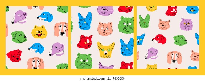 Portraits of various Dogs and Cats. Cute kittens, puppies. Different breeds. Cartoon, abstract style. Best friends, home pet concept. Set of three hand drawn colorful Vector seamless Patterns