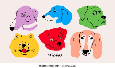 Portraits of various Dogs. Cute adorable puppies. Different breeds. Cartoon style, abstract colors. Best friends, animal care concept. Hand drawn Vector illustration. Every head is isolated