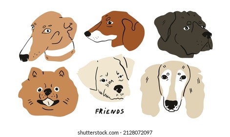 Retratos de varios perros. Cuidados adorables cachorros. Diferentes razas. Estilo de caricatura. Mejor amigos, concepto de cuidado animal. Ilustración de vectores dibujada a mano. Cada cabeza aislada