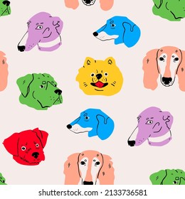 Retratos de varios perros. Cuidados adorables cachorros. Diferentes razas. Estilo de caricatura, colores abstractos. Mejor amigos, concepto de cuidado animal. Patrón sin fisuras del vector dibujado a mano. Fondo de escritorio