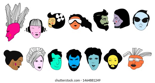 Portraits of various man and women. Hand drawn vector set. Flat illustration. All elements are isolated