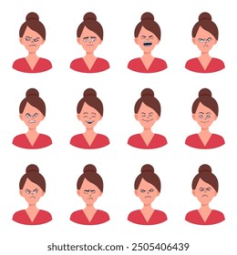 Portraits of woman. Girl Avatar. Happy, sad, angry, surprised, upset, proud faces of women. Female emotions. Facial expression. Happiness, fear, sadness, anger, surprise. Flat vector character.