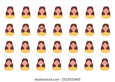 Portraits of woman. Girl Avatar. Happy, sad, angry, surprised, upset, proud faces of women. Female emotions. Facial expression. Happiness, fear, sadness, anger, surprise. Flat vector character.