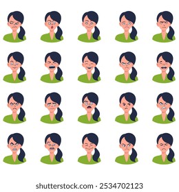 Portraits of woman. Girl Avatar. Happy, sad, angry, surprised, upset, proud faces of women. Female emotions. Facial expression. Happiness, fear, sadness, anger, surprise. Flat vector character.