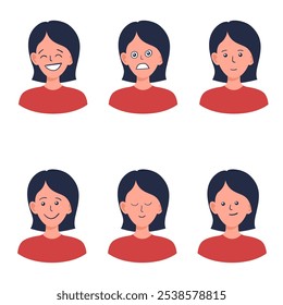 Portraits of woman. Girl Avatar. Happy, sad, angry, surprised, upset, proud faces of women. Female emotions. Facial expression. Happiness, fear, sadness, anger, surprise. Flat vector character.