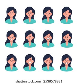 Portraits of woman. Girl Avatar. Happy, sad, angry, surprised, upset, proud faces of women. Female emotions. Facial expression. Happiness, fear, sadness, anger, surprise. Flat vector character.