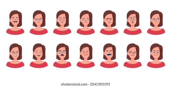 Portraits of woman. Girl Avatar. Happy, sad, angry, surprised, upset, proud faces of women. Female emotions. Facial expression. Happiness, fear, sadness, anger, surprise. Flat vector character.