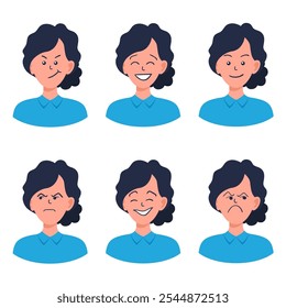 Portraits of woman. Girl Avatar. Happy, sad, angry, surprised, upset, proud faces of women. Female emotions. Facial expression. Happiness, fear, sadness, anger, surprise. Flat vector character.