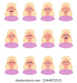 Portraits of woman. Girl Avatar. Happy, sad, angry, surprised, upset, proud faces of women. Female emotions. Facial expression. Happiness, fear, sadness, anger, surprise. Flat vector character.