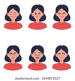 Portraits of woman. Girl Avatar. Happy, sad, angry, surprised, upset, proud faces of women. Female emotions. Facial expression. Happiness, fear, sadness, anger, surprise. Flat vector character.