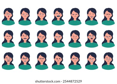 Portraits of woman. Girl Avatar. Happy, sad, angry, surprised, upset, proud faces of women. Female emotions. Facial expression. Happiness, fear, sadness, anger, surprise. Flat vector character.