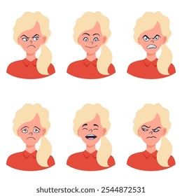 Portraits of woman. Girl Avatar. Happy, sad, angry, surprised, upset, proud faces of women. Female emotions. Facial expression. Happiness, fear, sadness, anger, surprise. Flat vector character.