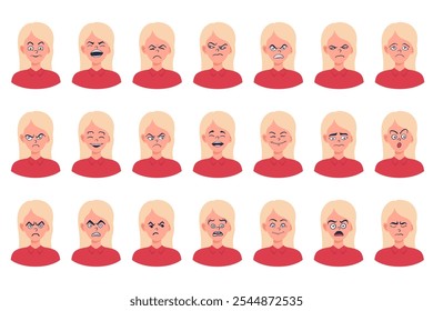 Portraits of woman. Girl Avatar. Happy, sad, angry, surprised, upset, proud faces of women. Female emotions. Facial expression. Happiness, fear, sadness, anger, surprise. Flat vector character.