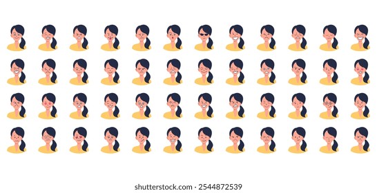 Portraits of woman. Girl Avatar. Happy, sad, angry, surprised, upset, proud faces of women. Female emotions. Facial expression. Happiness, fear, sadness, anger, surprise. Flat vector character.