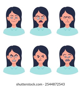 Portraits of woman. Girl Avatar. Happy, sad, angry, surprised, upset, proud faces of women. Female emotions. Facial expression. Happiness, fear, sadness, anger, surprise. Flat vector character.