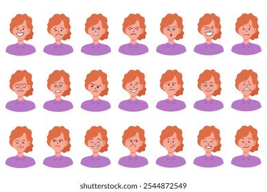 Portraits of woman. Girl Avatar. Happy, sad, angry, surprised, upset, proud faces of women. Female emotions. Facial expression. Happiness, fear, sadness, anger, surprise. Flat vector character.