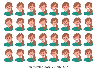 Portraits of woman. Girl Avatar. Happy, sad, angry, surprised, upset, proud faces of women. Female emotions. Facial expression. Happiness, fear, sadness, anger, surprise. Flat vector character.