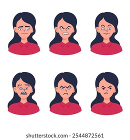 Portraits of woman. Girl Avatar. Happy, sad, angry, surprised, upset, proud faces of women. Female emotions. Facial expression. Happiness, fear, sadness, anger, surprise. Flat vector character.