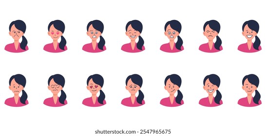 Portraits of woman. Girl Avatar. Happy, sad, angry, surprised, upset, proud faces of women. Female emotions. Facial expression. Happiness, fear, sadness, anger, surprise. Flat vector character.