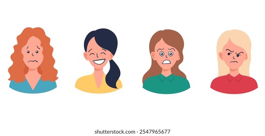 Portraits of woman. Girl Avatar. Happy, sad, angry, surprised, upset, proud faces of women. Female emotions. Facial expression. Happiness, fear, sadness, anger, surprise. Flat vector character.