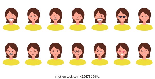 Retratos de mujer. Chica Avatar. Caras de mujeres felices, tristes, enojadas, sorprendidas, molestas y orgullosas. Emociones femeninas. Expresión facial. Felicidad, miedo, tristeza, ira, sorpresa. Carácter de Vector plano.