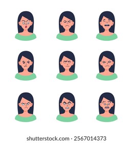 Portraits of woman. Girl Avatar. Happy, sad, angry, surprised, upset, proud faces of women. Female emotions. Facial expression. Happiness, fear, sadness, anger, surprise. Flat vector character.