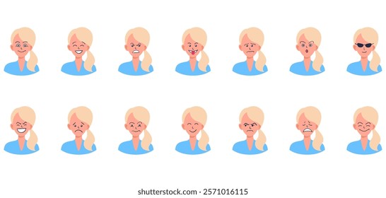 Portraits of woman. Girl Avatar. Happy, sad, angry, surprised, upset, proud faces of women. Female emotions. Facial expression. Happiness, fear, sadness, anger, surprise. Flat vector character.