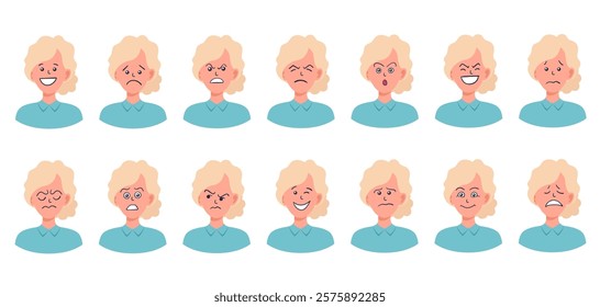 Portraits of woman. Girl Avatar. Happy, sad, angry, surprised, upset, proud faces of women. Female emotions. Facial expression. Happiness, fear, sadness, anger, surprise. Flat vector character.