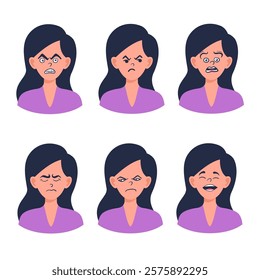 Portraits of woman. Girl Avatar. Happy, sad, angry, surprised, upset, proud faces of women. Female emotions. Facial expression. Happiness, fear, sadness, anger, surprise. Flat vector character.