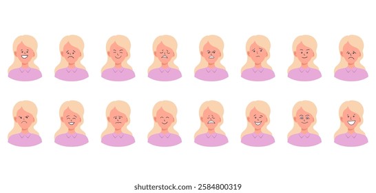 Portraits of woman. Girl Avatar. Happy, sad, angry, surprised, upset, proud faces of women. Female emotions. Facial expression. Happiness, fear, sadness, anger, surprise. Flat vector character.