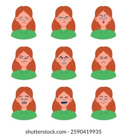 Portraits of woman. Girl Avatar. Happy, sad, angry, surprised, upset, proud faces of women. Female emotions. Facial expression. Happiness, fear, sadness, anger, surprise. Flat vector character.